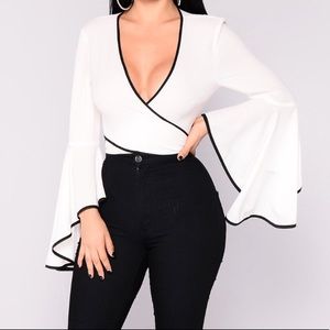 White bell sleeve wrap around top